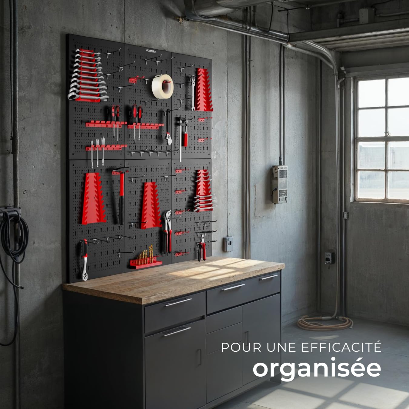 tectake® Panneau Mural Perforé Porte outils mural Lot de 6 Panneaux 240 x 2 x 60 cm 53 pcs Crochet & Supports, Extensible Système de rangement Outillage & visserie