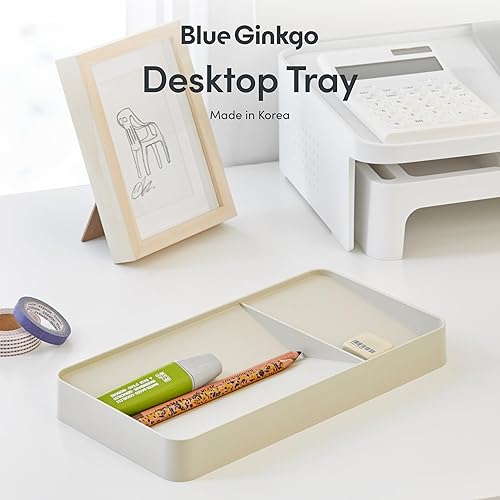 Miniatura 2 de BLUE GINKGO Bandeja de escritorio, organizador hecho en Corea para notas, bolígrafos, lápices y accesorios (doble cara, beige)