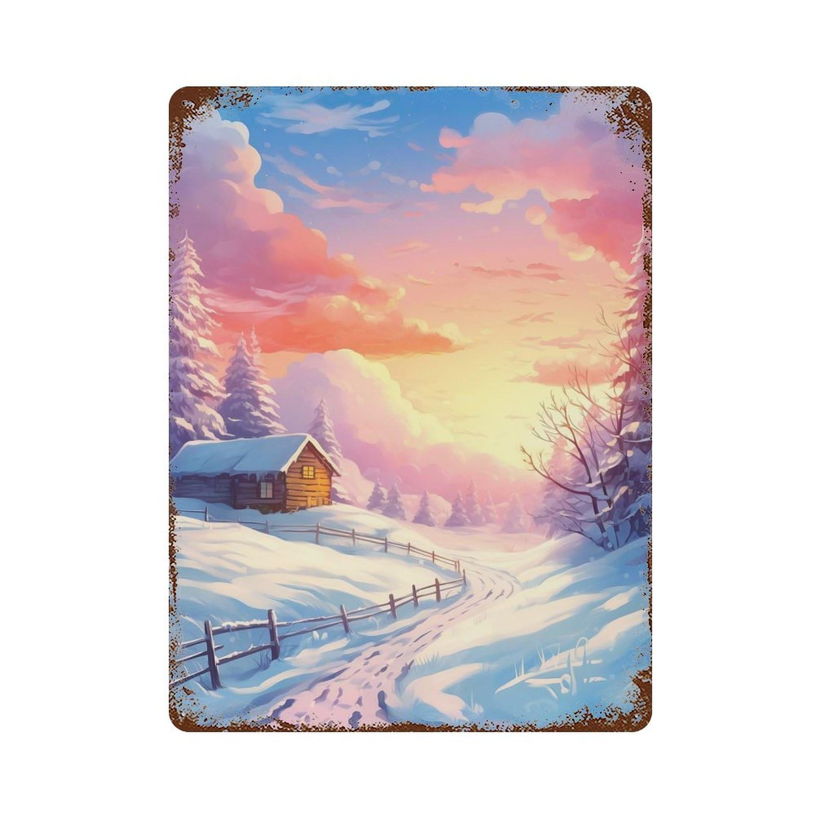 Garage Style Winter Cabin Sunrise Vintage Rust Metal Sign 15.7"x11.8", Rustic Home Decor for Bar And Workshop