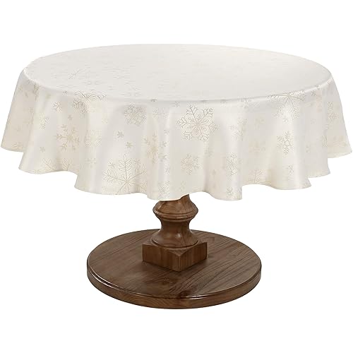 HARORBAY White Tablecloth for Round Tables 90 Inch, Snowflake Table Cloth for Dining Room Kitchen Party Winter Holiday, Cream Gold Heavy Weight Soft Table Cover (Crystal Serie)