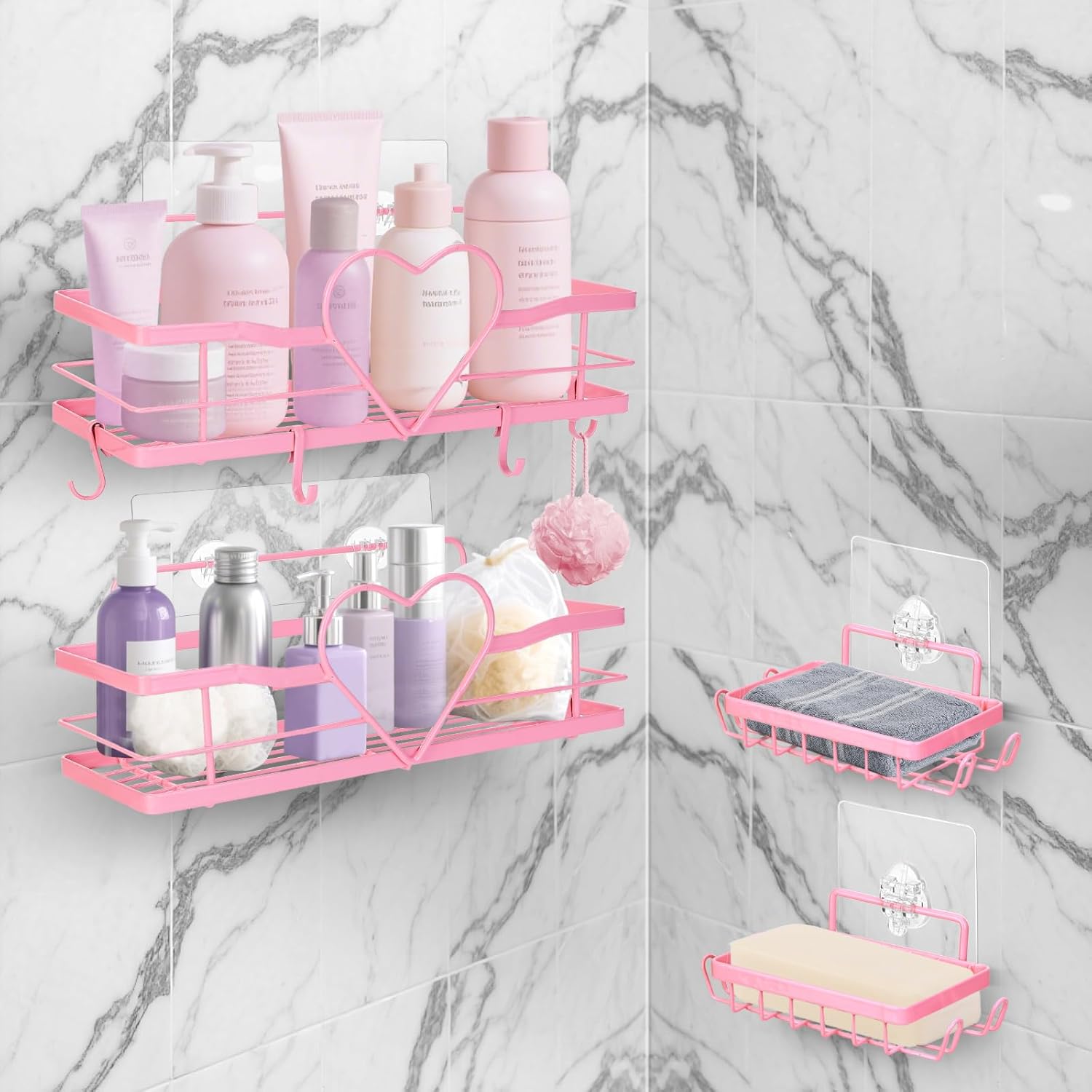 DARCKLE Pink Shower Caddy 4 Pack No Drilling Adhesive Organizer Shelf Rustproof Stainless Steel Bathroom Organizer with Soap