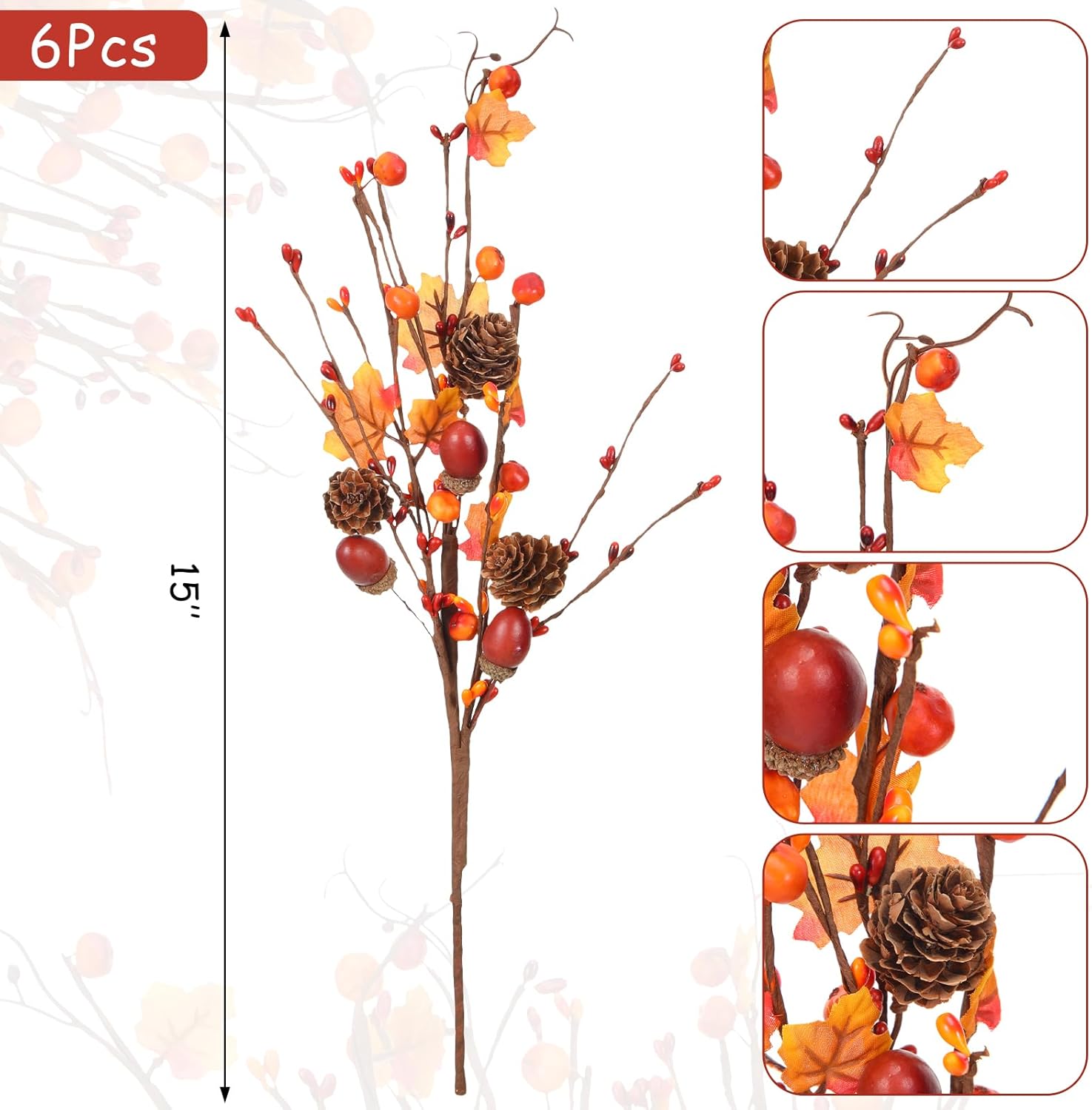Yunlly Artificial Fall Berry Stems Fall Picks for Floral Arrangements Fake Fall Leaves with Pine Cones Maple Leaves Acorns Autumn Plant for Harvest Thanksgiving Festival Decor(6 Pcs)