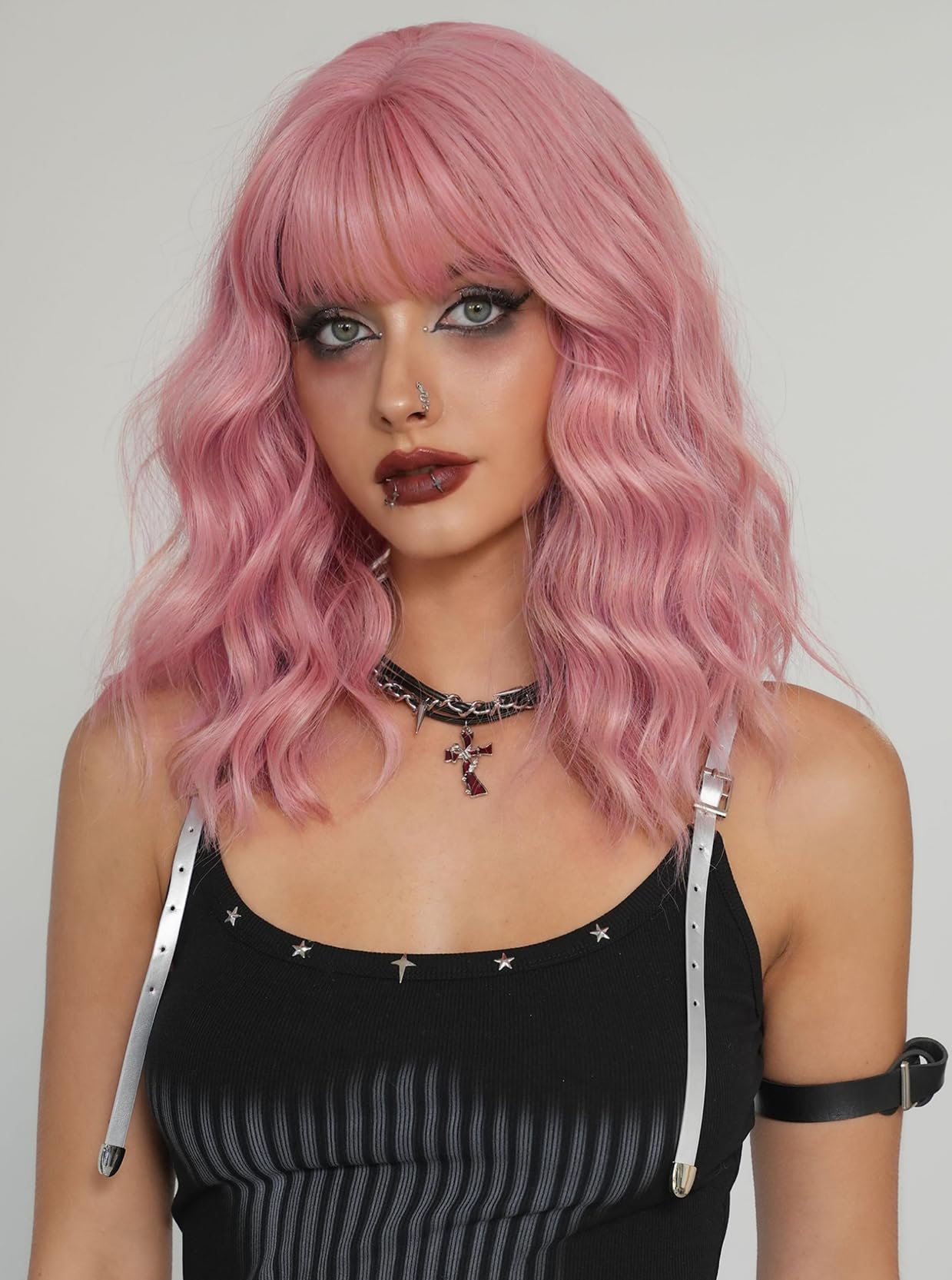 TRUMOST Wavy Pink Wig with Bangs 18 Inch Neon Pink Hair Synthetic Heat Resistant Pastel Wig Shoulder Length for Women Cosplay Christmas Gifts Party
