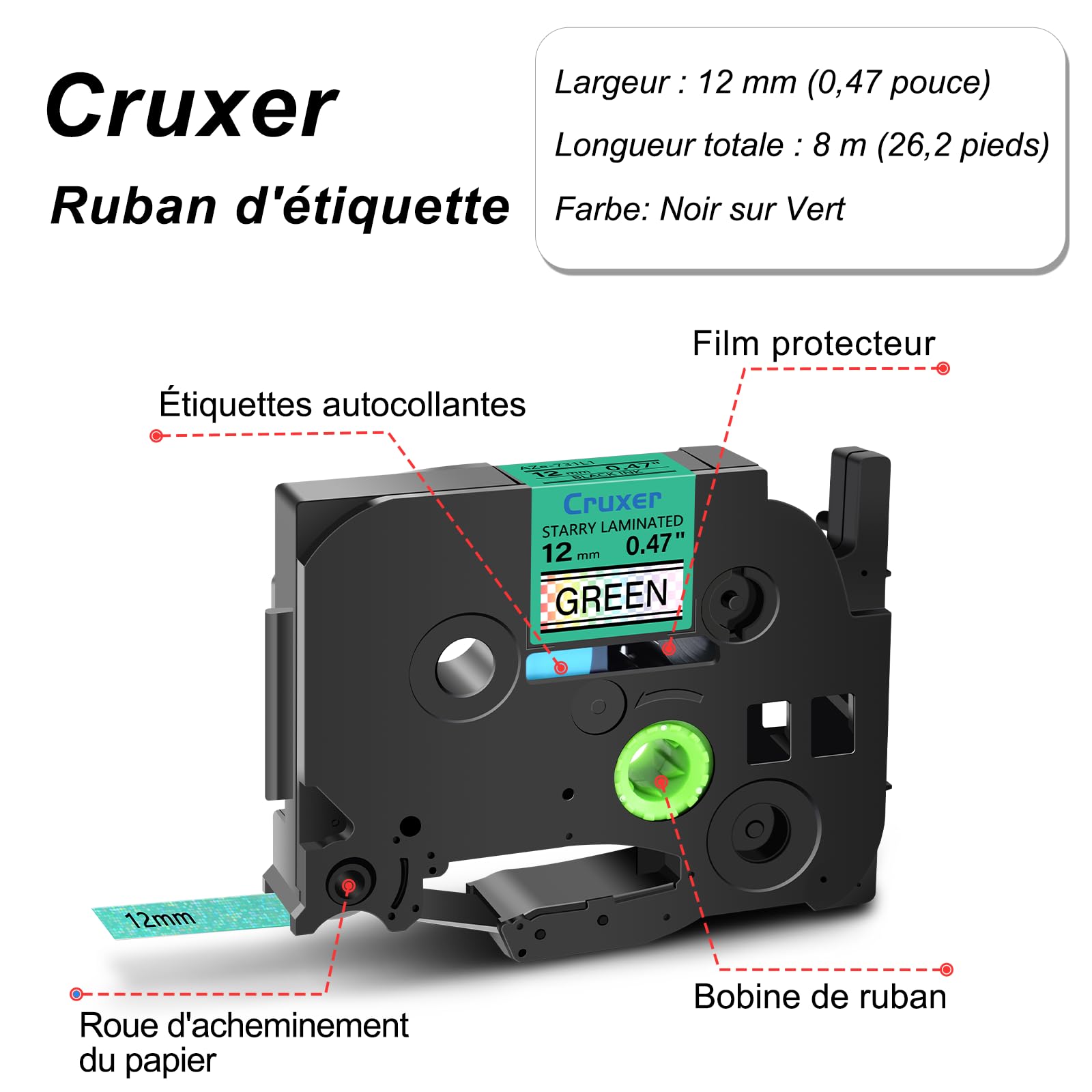 Cruxer Lot de 40 Ruban compatible P-touch TZe-731L1 Noir sur Vert 12 mm