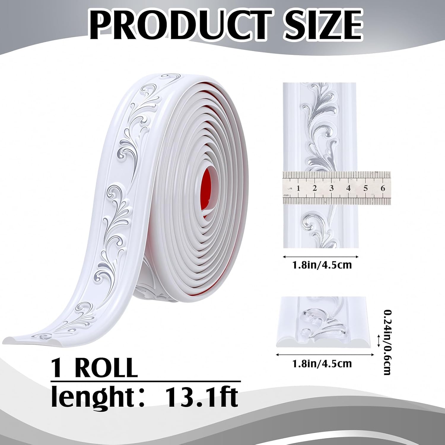 Peel and Stick PVC Crown Molding Trim Flexible Molding Trim 13.1 ft x 1.8" Self Adhesive Wallpaper Wall Border Mirror Frame Baseboard Cabinet for Home Decor Edge Background(White Silver)