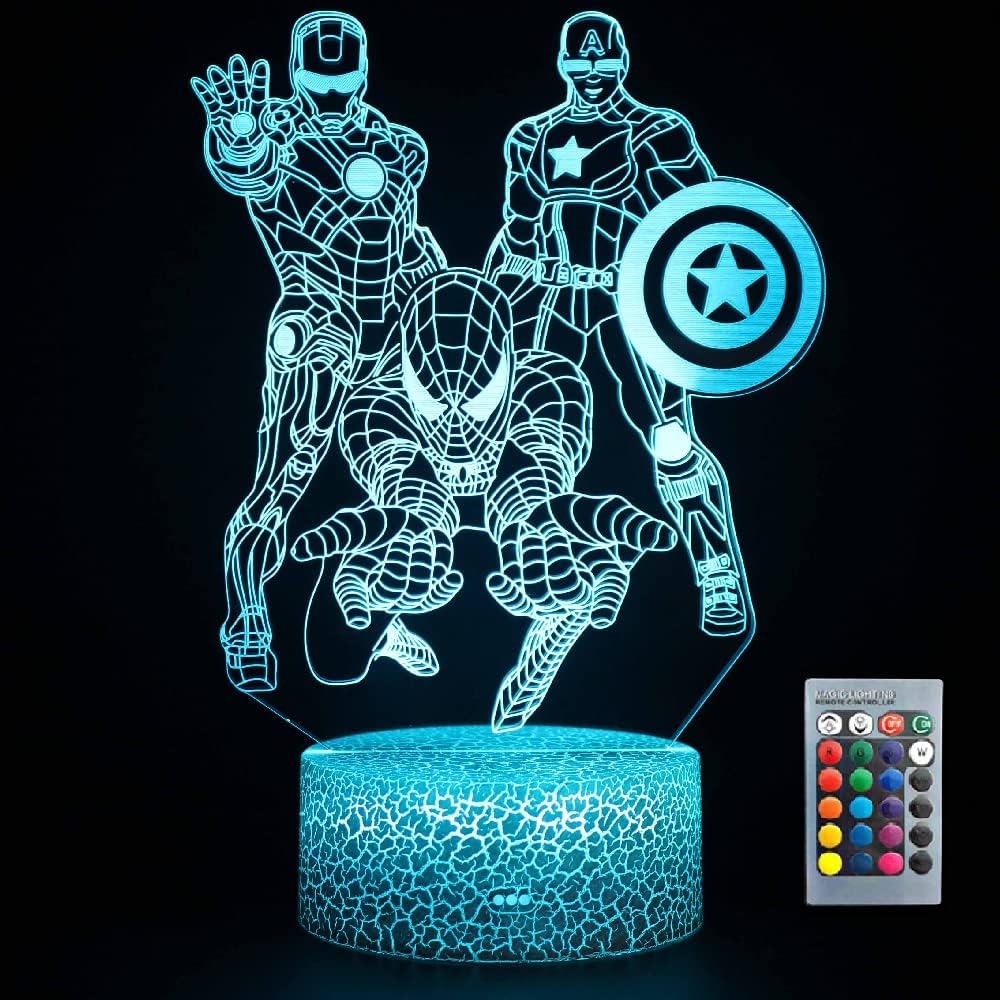Jevrpley Superhero Gifts 3D Night Light for Kids, Toys for Boys with 16 Colors Changing Remote Control Smart Touch Superhero Toys with Captain America Iron Man, Christmas Gifts for Men Boys Girls