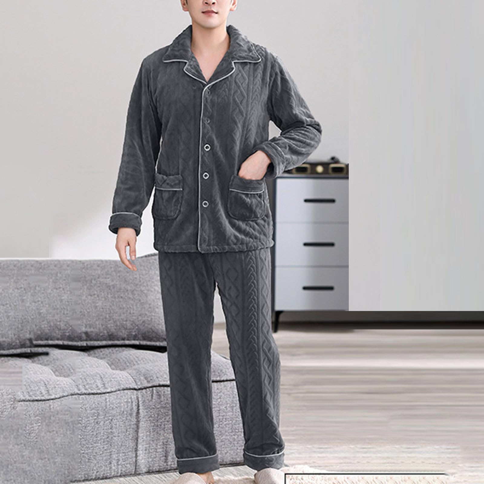 Pijama de forro polar para hombre, conjunto de pijama cálido de invierno de manga larga con solapa, ropa de dormir con botones y pantalones de dormir, franela de dos piezas, pijama grueso
