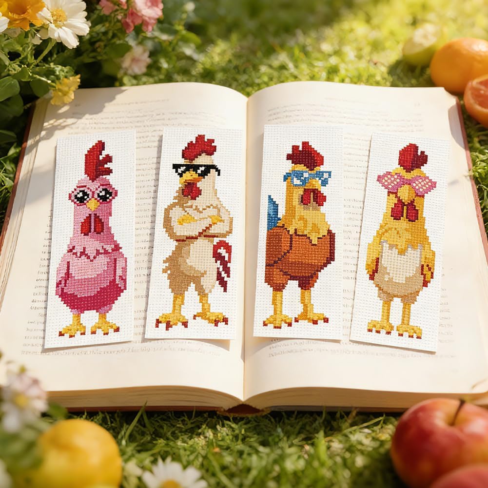 INFUNLY 6 Pcs Rooster Cross Stitch Bookmark 3x8.5 DIY Embroidery Bookmark Chicken Cross Stitch Bookmark Kit Chick Sunglasses Cross Stitch Bookmark for Book Lovers Readers Writers Craft Gift image 5