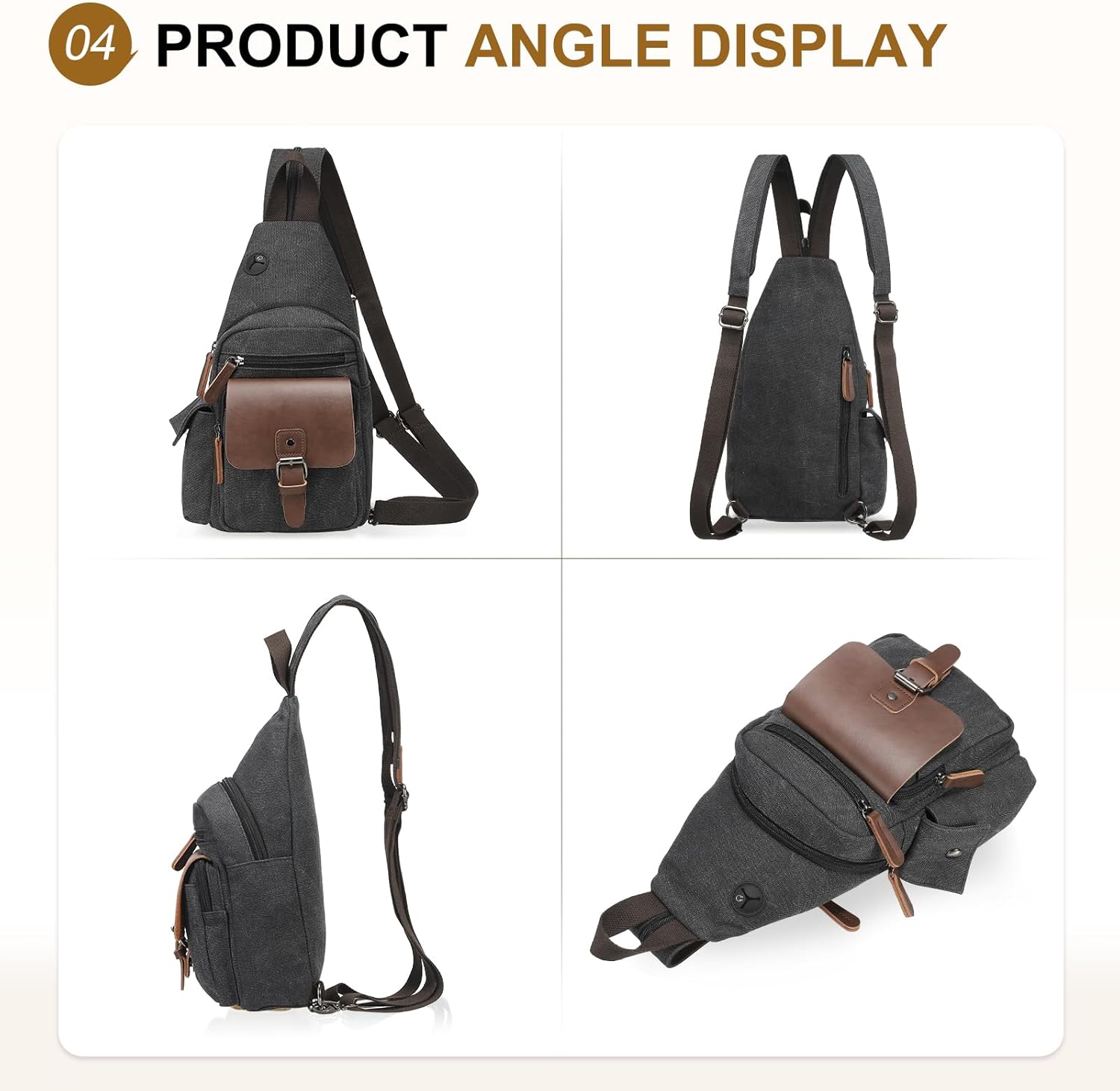 Canvas Sling Bag for Women Men, Crossbody Backpack Vintage, Shoulder Bag W/Leather Accents for Outdoor Cycling Hiking Travel, Black - Image 8