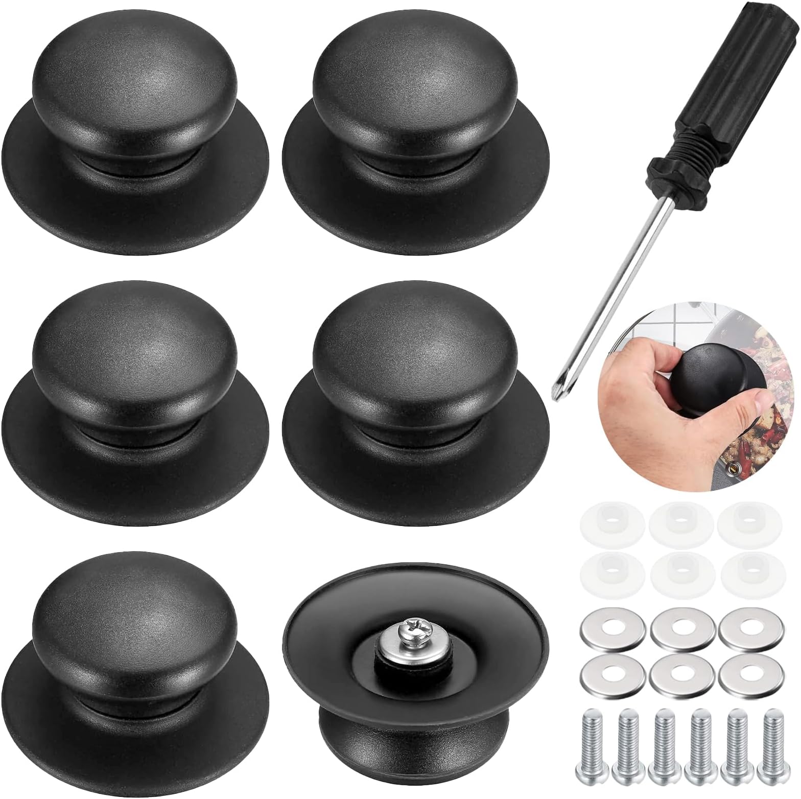 SPOKKI6 Pcs Bakelite Pot Lid Handle Universal Knobs for Kitchen Pot Lid Heat Resistant Replacement Knobs with Screwdriver and Screws (Black)