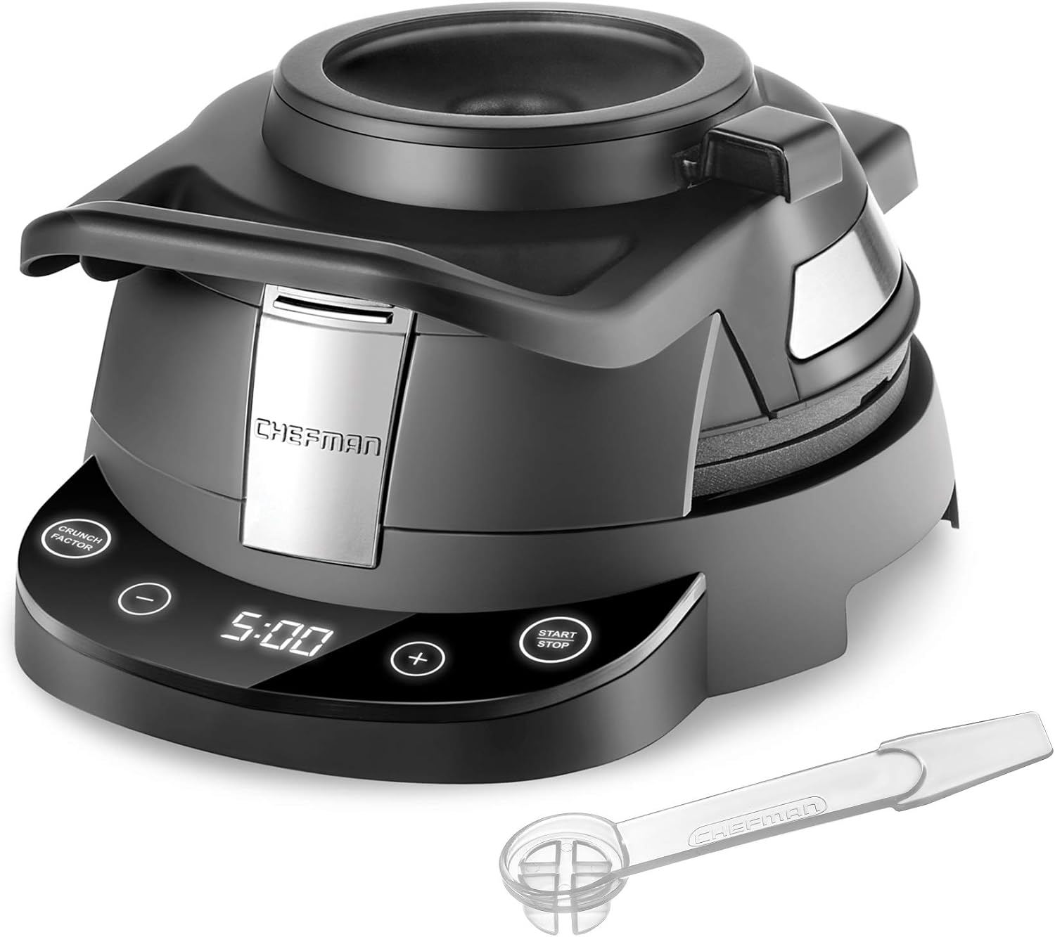 Chefman Perfect Pour Volcano Belgian Waffle Maker, Round Non-Stick & Anti-Leak Iron, Mess-Free Breakfast, Programmable Presets & Digital Touchscreen Display, Cleaning Tool & Measuring Cup Included
