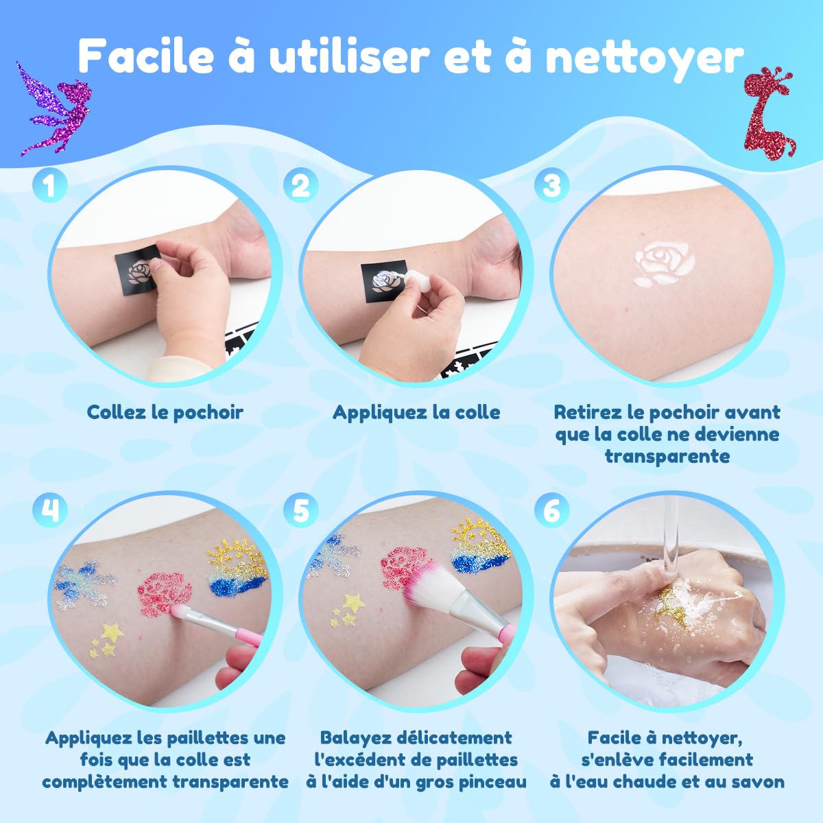 Bledras Kit Tatouage Paillettes Enfant, 36 Couleurs Comprend 6 Couleurs Lumineuse Paillettes Gel, Tatouage Temporaire pour Fête, Halloween, Carnaval, Maquillage Cheveux, Ongles