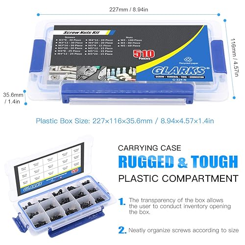 Miniatura 5 de Glarks 510 piezas M3 M4 M5 Juego surtido de tornillos de cabeza avellanada con agujero hexagonal para llave Allen y tuercas de acero de aleación,