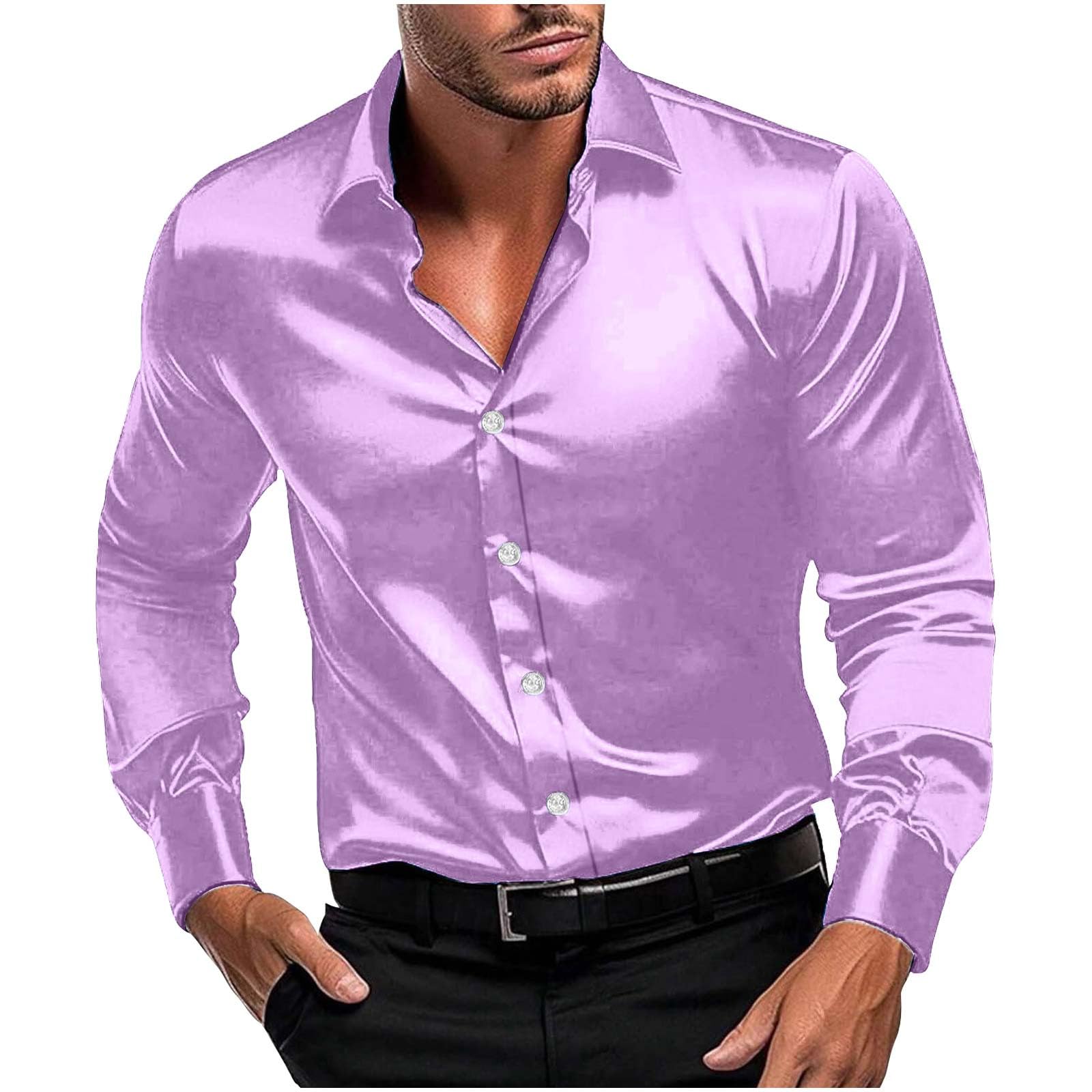 Men Long Sleeve Satin Dress Shirt Shiny Embroidery Silk Like Button Down Casual Luxury Prom Wedding Party Disco Solid