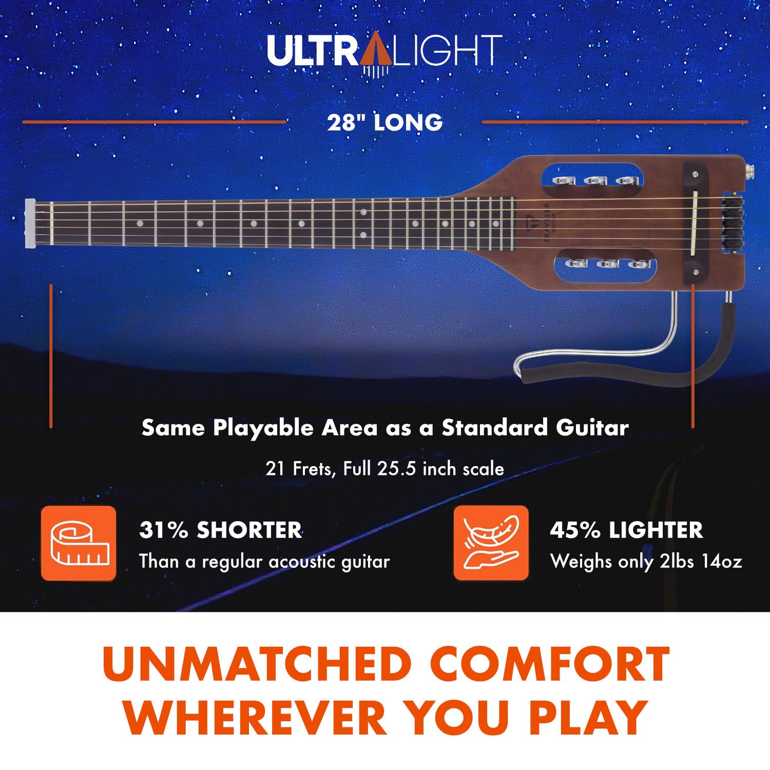 Traveler Guitar Chitarra acustica ultra leggera, per mancini, con poggiapolsi rimovibile, in scala completa da 24 3/4", con custodia personalizzata inclusa