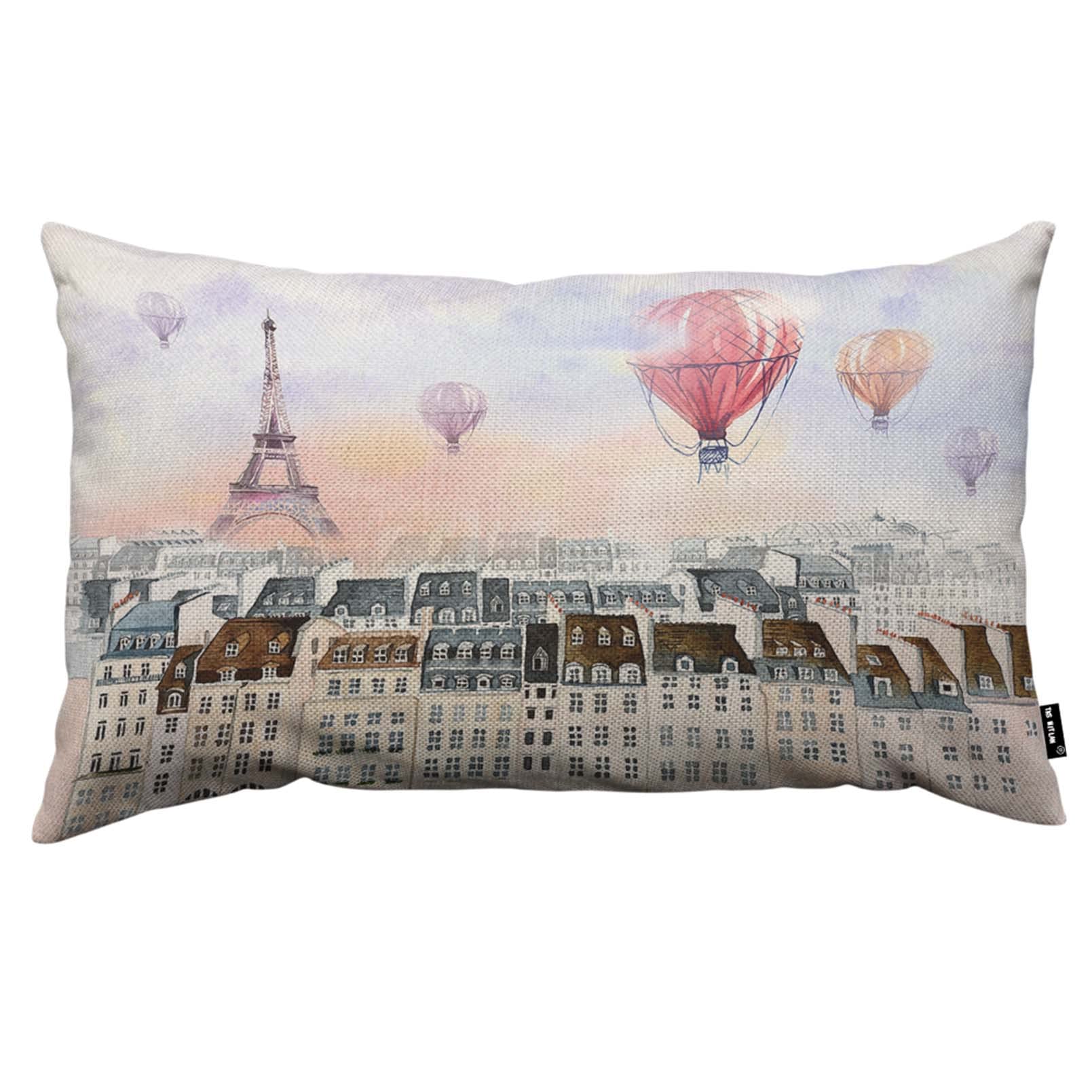 TKS MITLAN Watercolor Paris with Hot Air Balloon Decorative Pillow Covers Eiffel Tower and Vintage House Rustic Linen Throw Pillow Covers 12x20 Inch