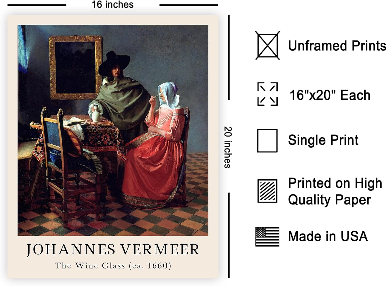 Poster Master Vintage Johannes Vermeer Poster - Retro Wine Glass Painting Print - Glass of Wine Art - Gift for Him, Her, Men, Women - Decor for Office, Kitchen, Dining Room - 16x20 UNFRAMED Wall Art