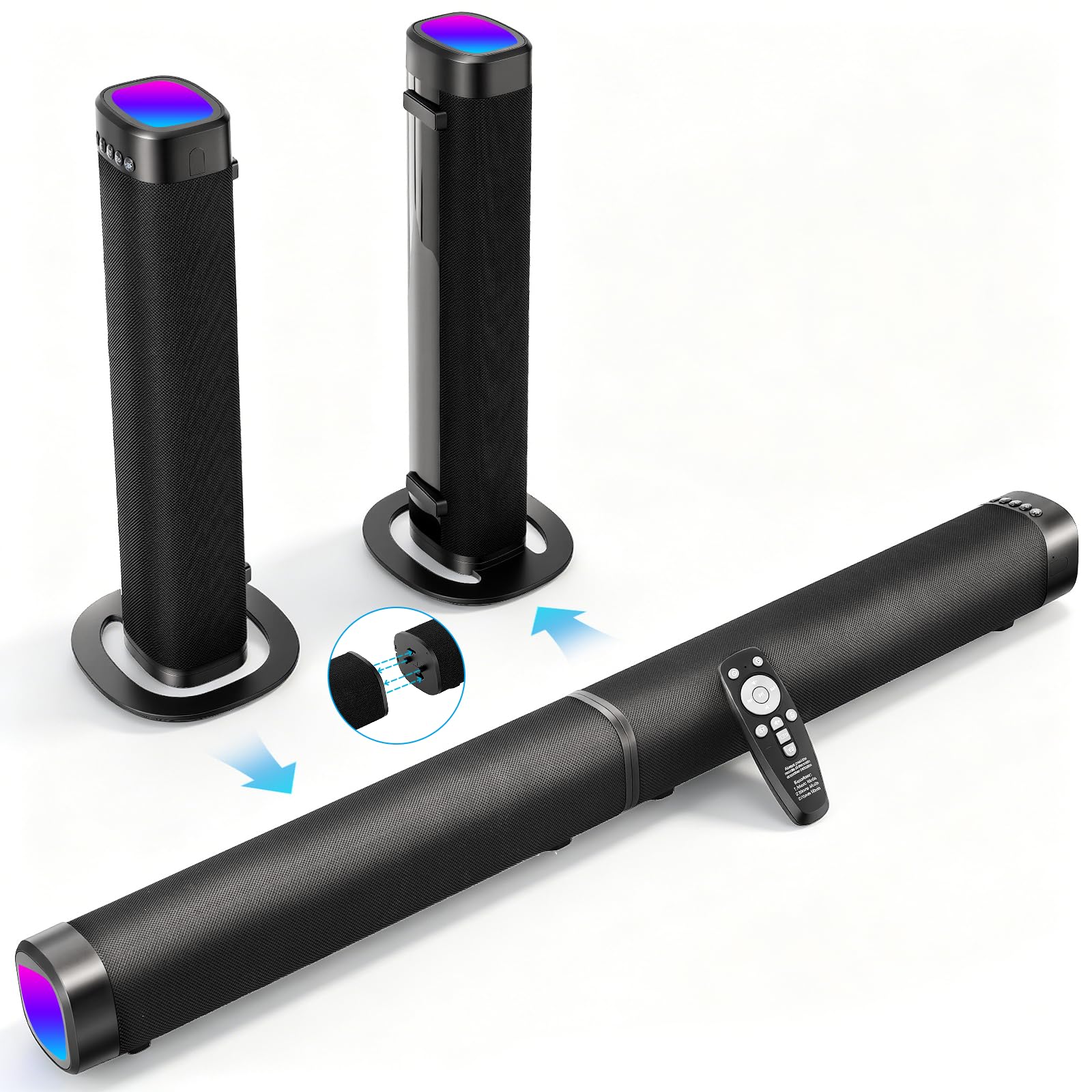 Soundbar für TV Geräte, 240 W Teilbare 2-in-1 Soundbar für TV (2.2CH) mit RGB Beleuchtung & 3 EQ Modi, Bass einstellbar, Bluetooth 5.3, inkl. ARC, Optisch, Aux USB für Fernseher, Monitor, Gaming