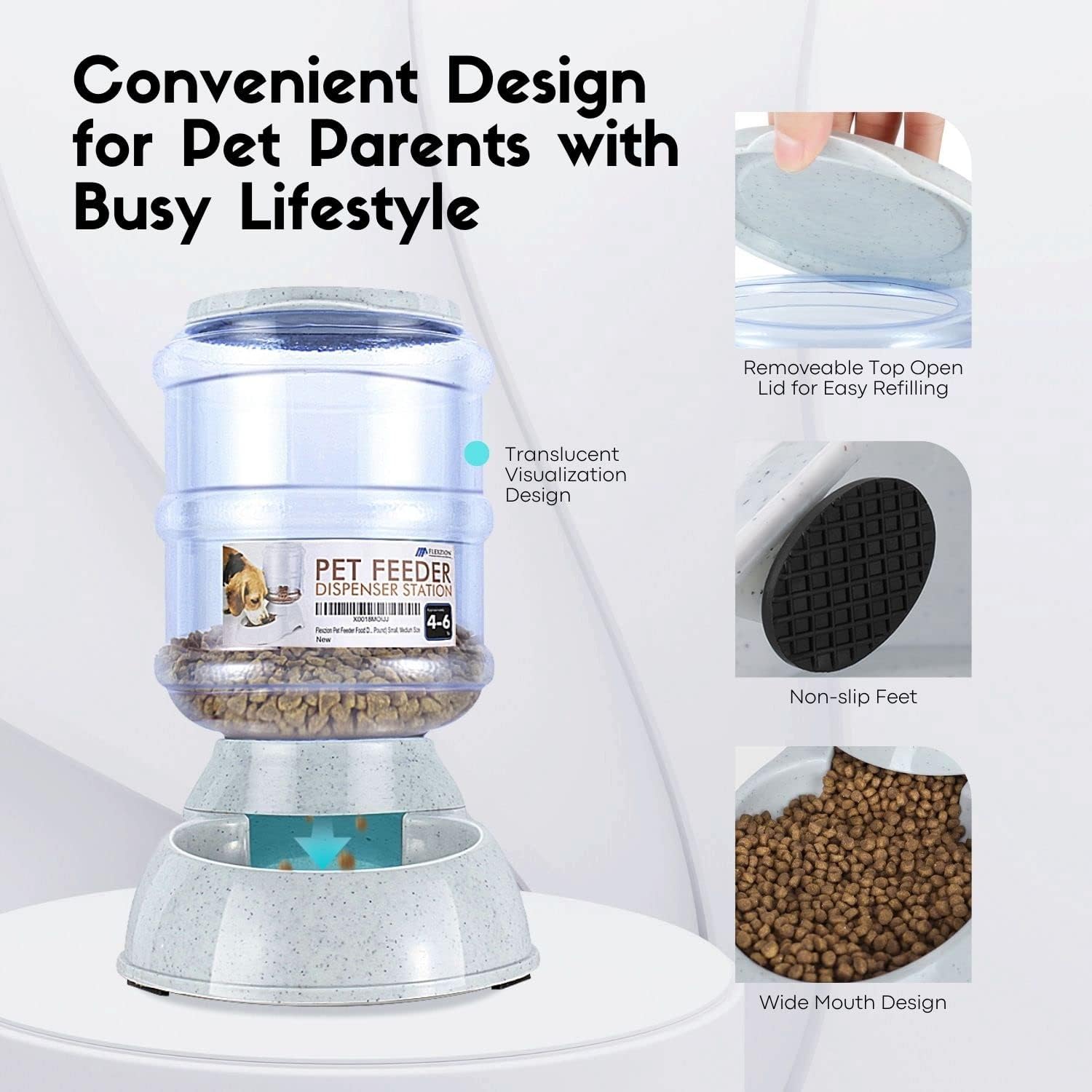 Flexzion Food Dispenser Station, Self Replenish Pet Feeder Automatic Gravity Fed Dry Food Storage Container Bowl with Skidproof Rubber Feet for Dog Cat Animal (4-6 lb)