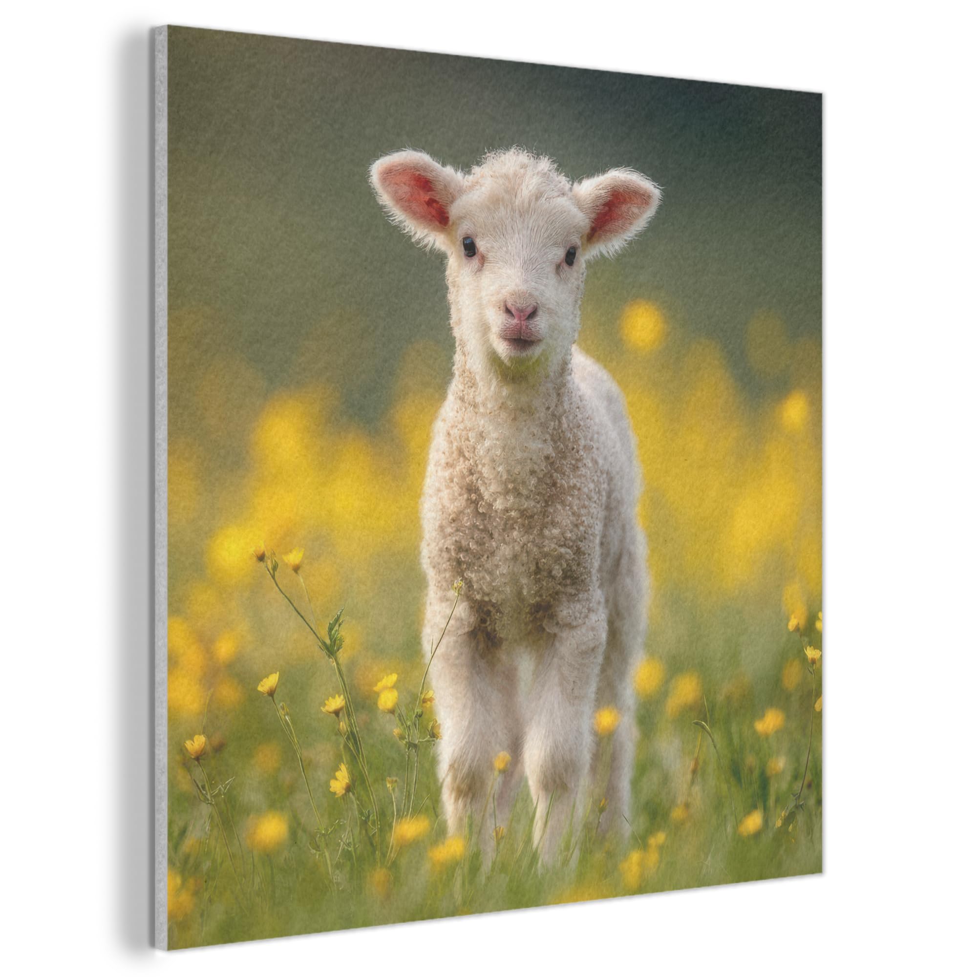 MuchoWow© Felt Panel 50x50 cm Framed Design Print Accent Interior Wallart Decoration Wall Art Lamb - Grass - Flowers - Yellow