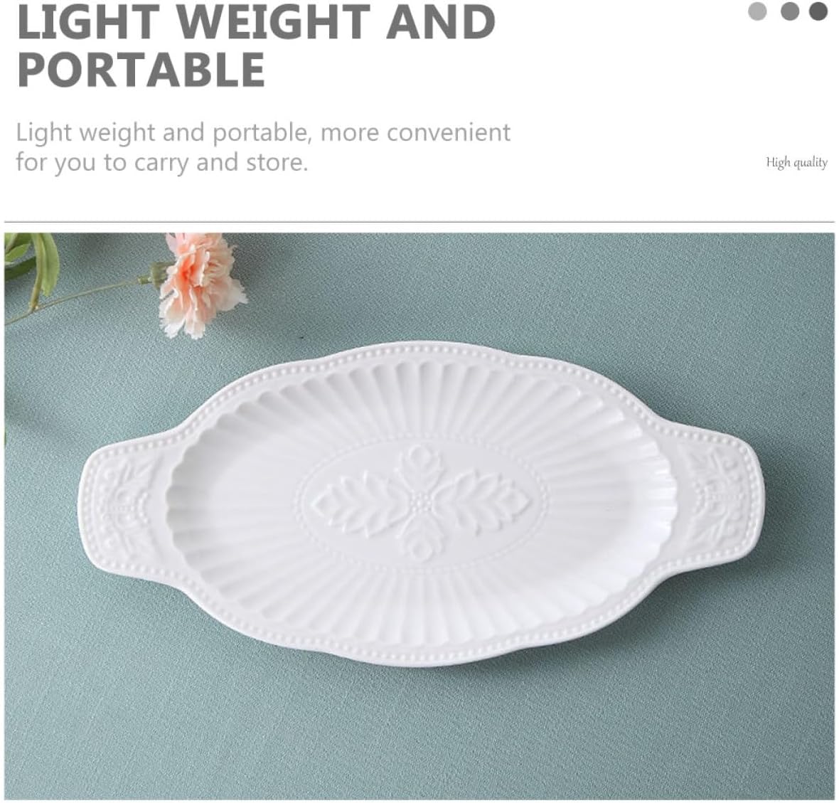 Ceramic Fish Serving Plate with Dual Handles, Medium White Bone China Fish Platter, Embossed French Rococo Style for Restaurant and Home Dining