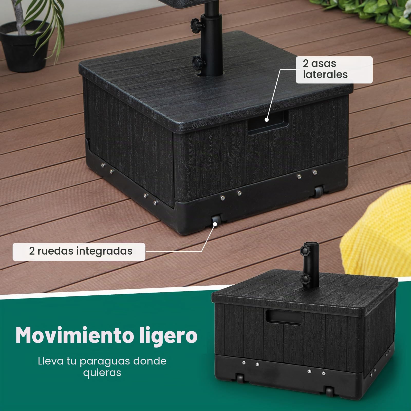 RELAX4LIFE 3 en 1 Soporte para Sombrilla Rellenable con Ruedas y Mesa Auxiliar, Base Sombrilla HDPE con Asas y Bolsa de Peso para Postes de Sombrilla 38/48 mm para Terraza/Piscina/Jardín (Negro)