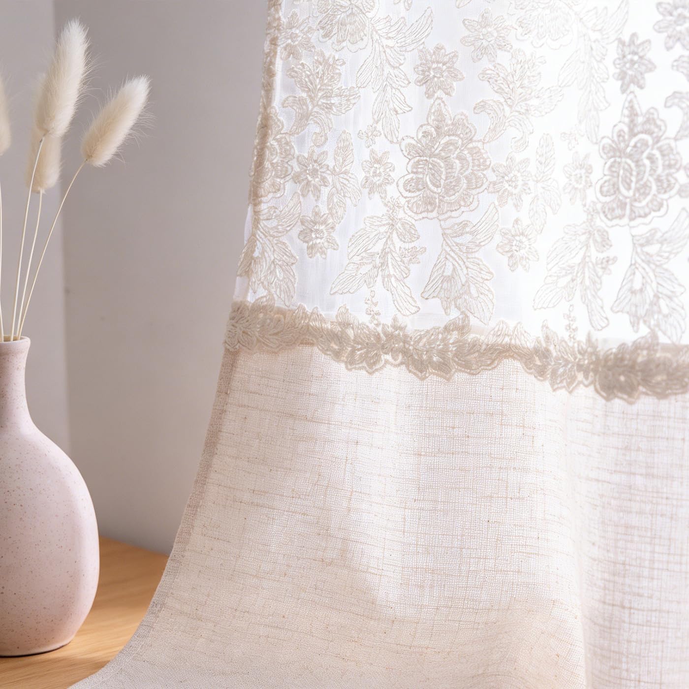 Boho Tassel Floral Lace Tie Up Curtains Rustic Farmhouse Balloon Shades Beige Valance Light Filtering Adjustable Rod Pocket for Small Window Kitchen Bathroom W42 X L63 Inches 1 Panel