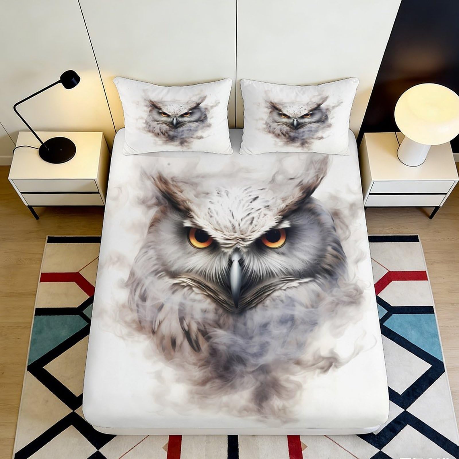 3D Printed Owl Smoke Fitted Sheet Microfiber Soft Durable 3D Printed Owl Face Mattress Cover for Bedroom Dormitory Guest Room Bed Protection 120x200x25cm