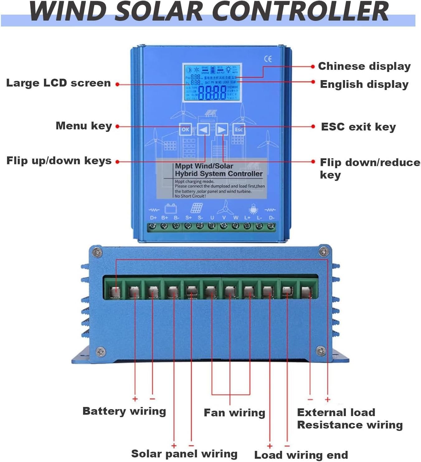 Contrôleur de Charge hybride solaire éolien 6000W-12000W, régulateur de Charge MPPT Boost 12V 24V 48V avec écran LCD et Charge de décharge(8000W,12V)