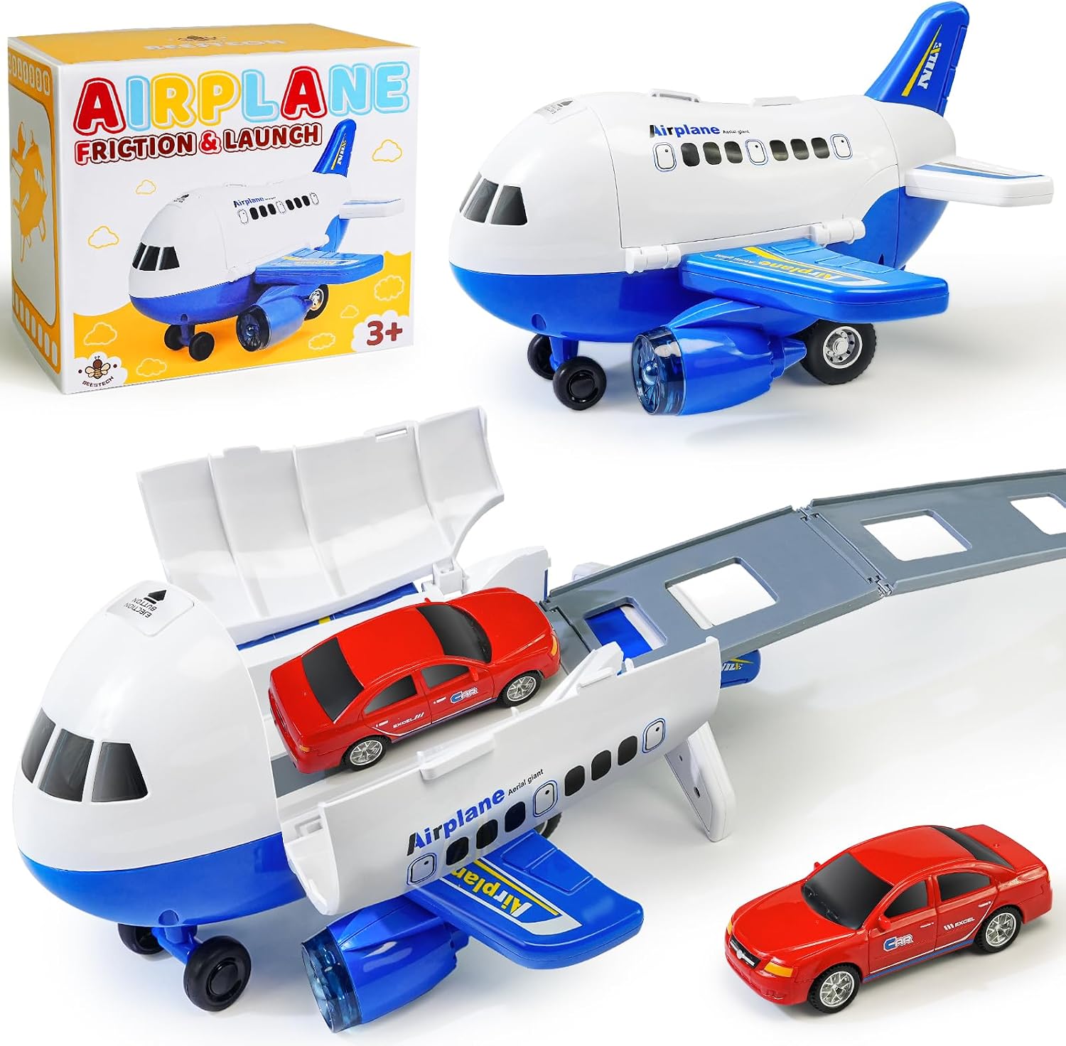 Beestech Airplane Toys with Runway and Car, Friction Powered Launcher Plane Toys for Boys Girls Kids Toddlers 3 4 5 6 Year Olds, Birthday Gifts (Blue)