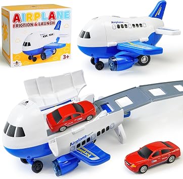 Beestech Airplane Toys with Runway and Car, Friction Powered Launcher Plane Toys for Boys Girls Kids Toddlers 3 4 5 6 Year Olds, Birthday Gifts Blue