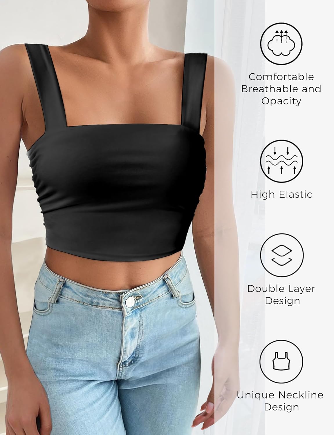 AURUZA Square Neck Tops for Women, Sleeveless Crop Tops Women, Sexy Cropped Double Layered Tank Tops, Womens Basic Tops - Image 2