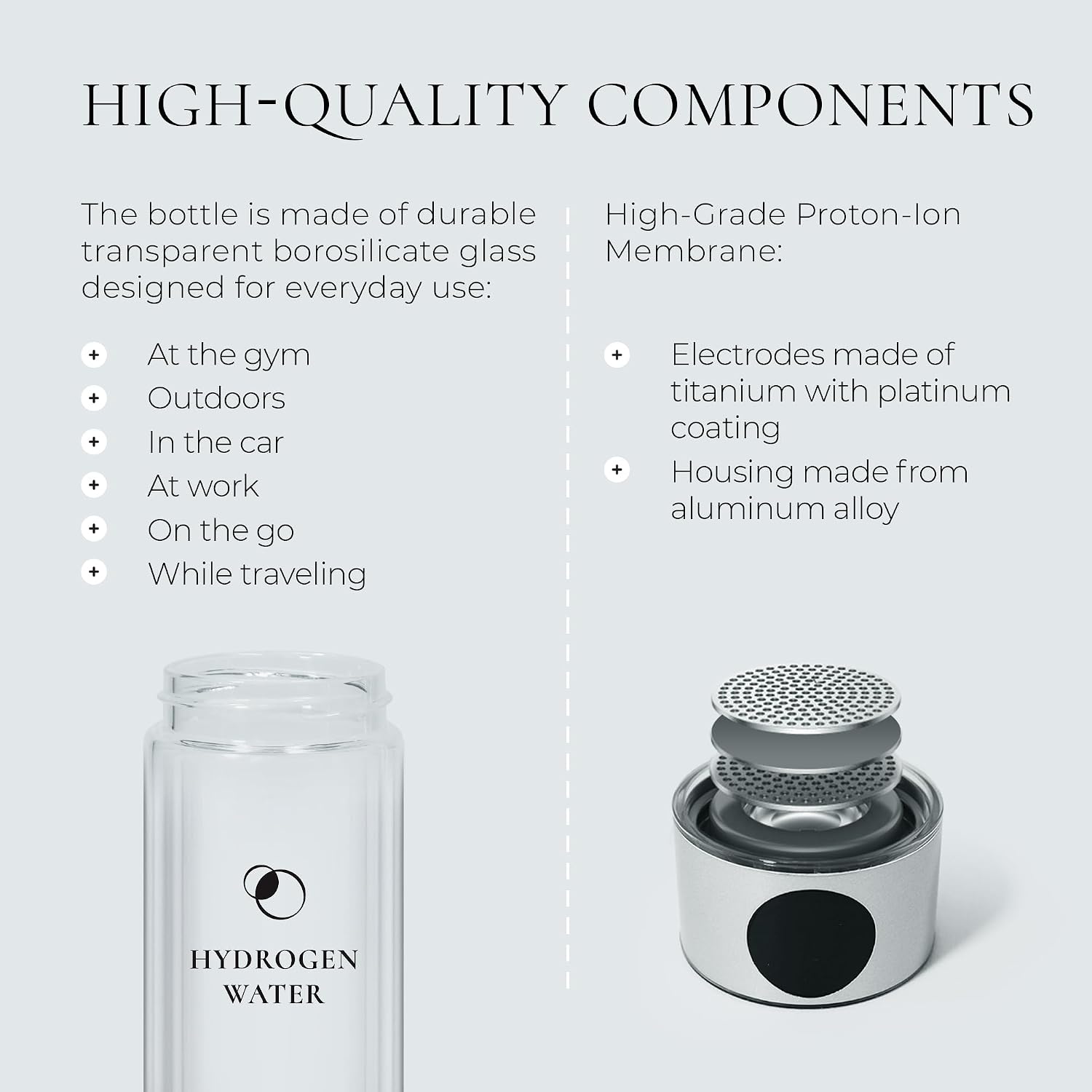 Hydrogen Water Bottle GO 14 oz Glass & Aluminum Ionizer, SPE/PEM Technology, USB-C Rechargeable, 10+ Cycles per Charge, LED Indicator, Leak-Resistant Design for Home, Office & Gym