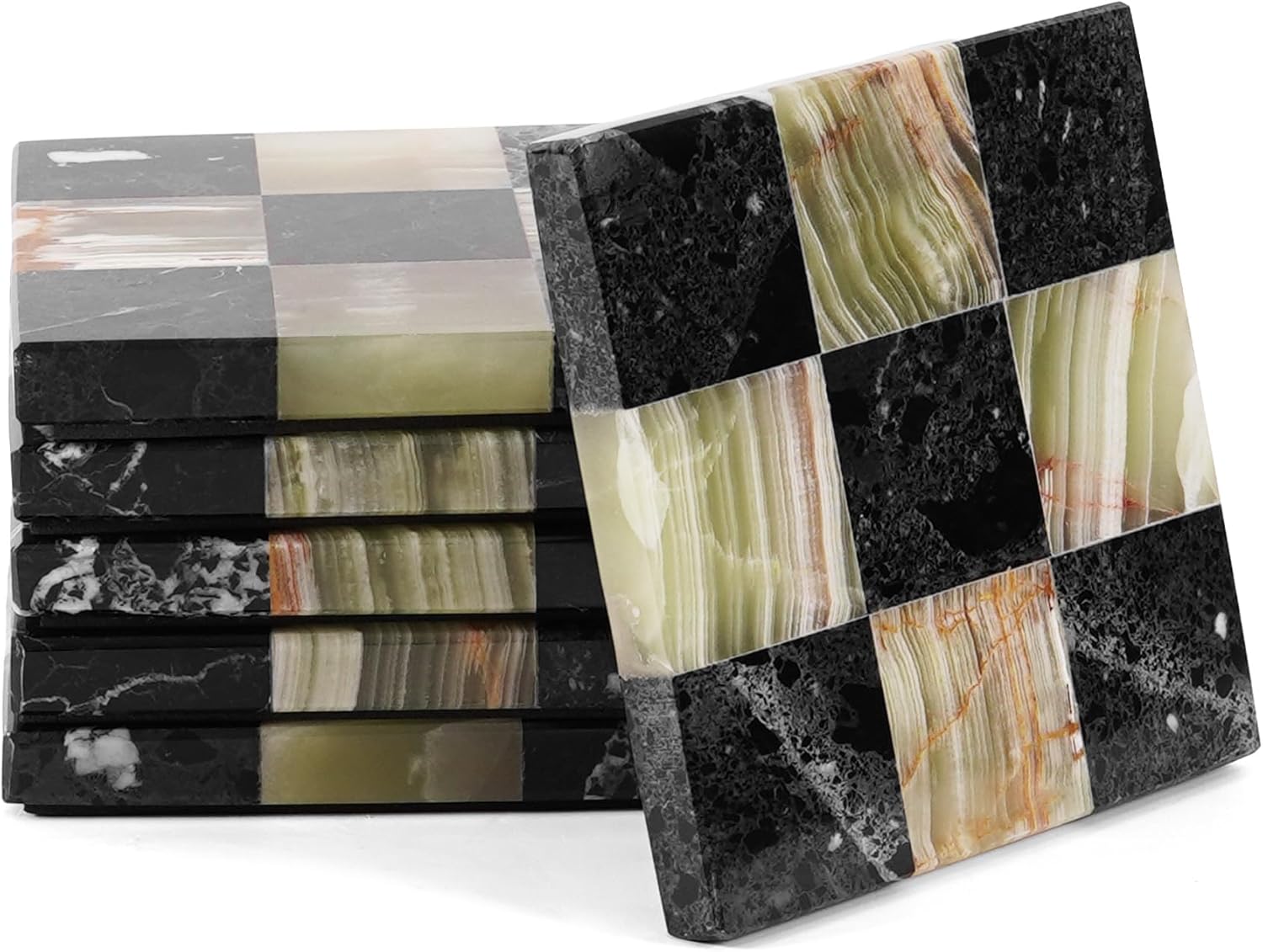 Marble Coasters Set of 6, Zebra Black & Green Handmade 4 inch Stone Coasters, Elegant Table Coaster for Drinks, Durable Kitchen Décor & Home Accessories