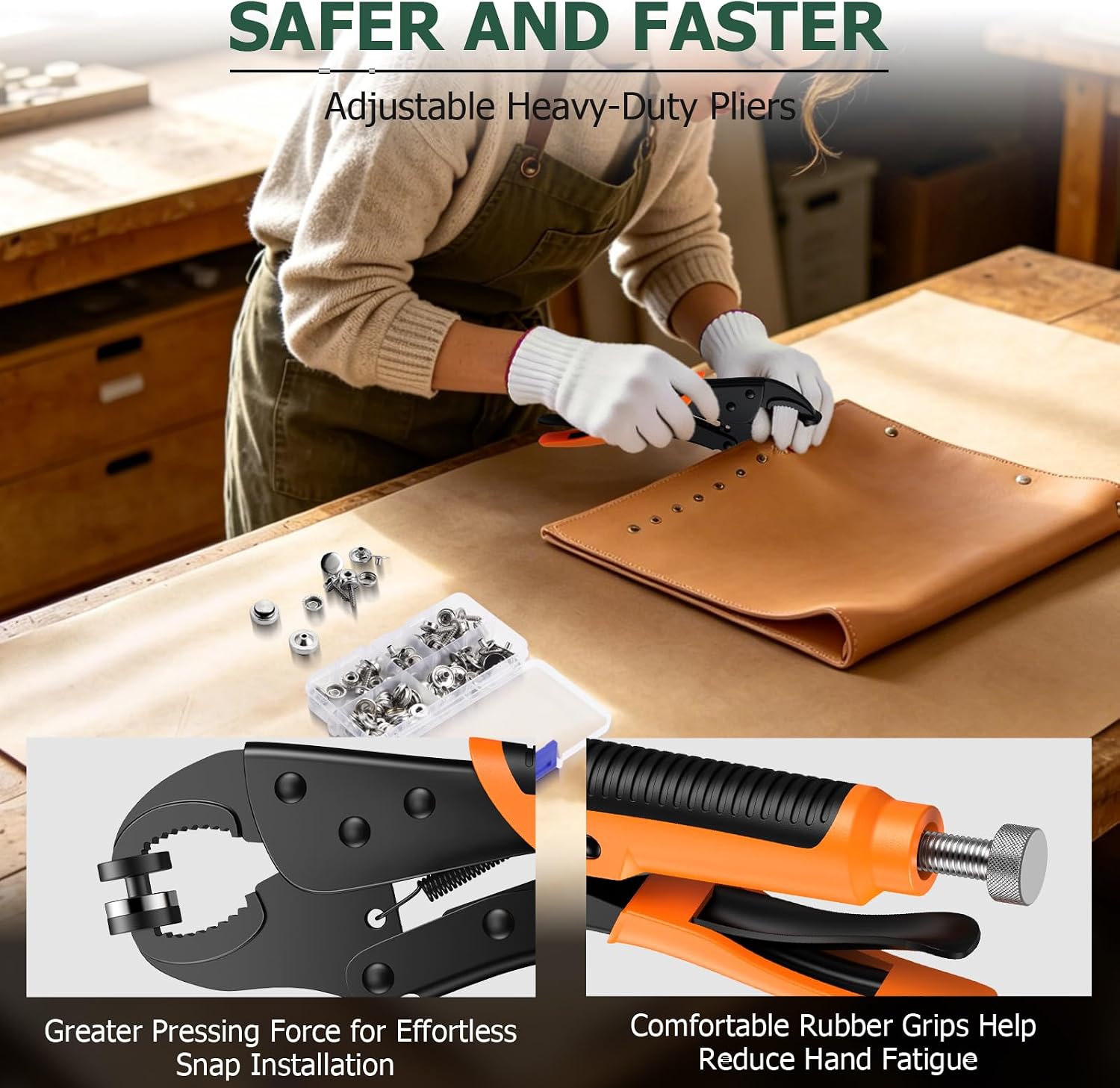 Heavy Duty Adjustable Vice Grip Snap Fastener Setting Kit for Canvas Boat Cover Leather Tarps Fabric, 3 Dies & 30 Sets Replacing Stainless Steel Snaps for DIY Crafters,Upholsterers,Boat Repair Worker