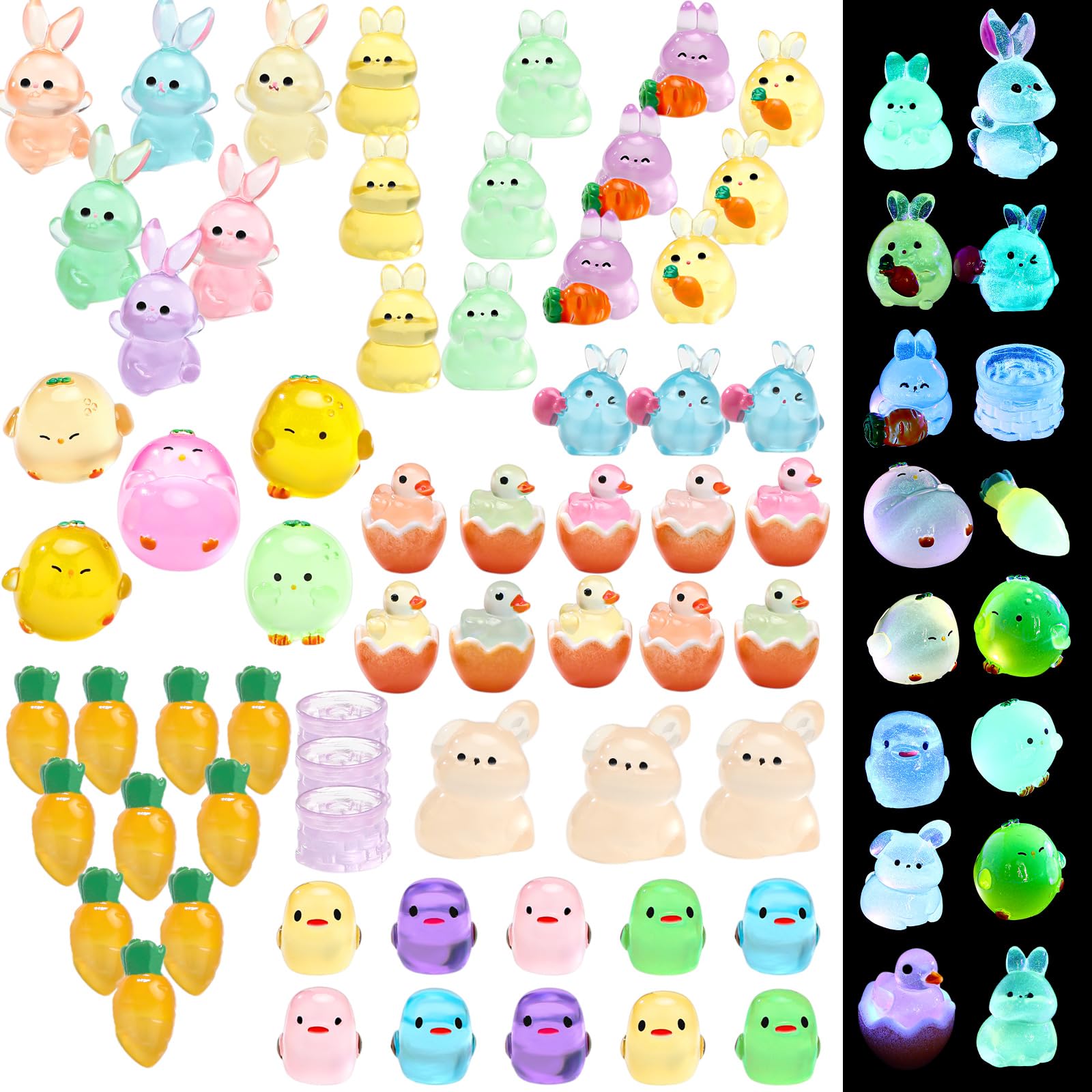 Outus 62 Pcs Easter Mini Resin Animals Glow in The Dark Ducks Luminous Tiny Resin Animal Figurines Glow in The Dark Mini Bunny Figurines for Micro