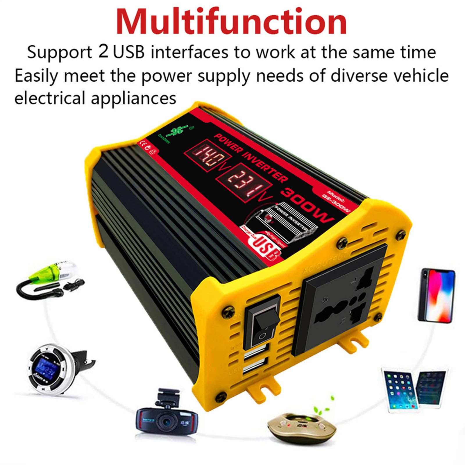 Inversor Solar híbrido para Coche, Fuera de la Red, de 12 V a 220 V/110 V, 300 W, para Coche, con conversión de Onda modificada de Alta frecuencia,Black-300W
