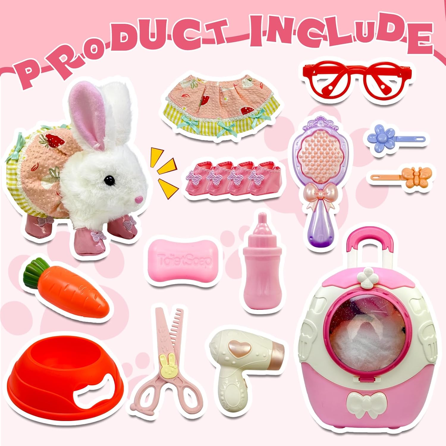 14Pcs Hopping Bunny Toy, Walking & Talking Rabbit in Suitcase – Animated Stuffed Animal with Removable Clothes & Accessories, Pretend Play Pet Set, Easter Gift for Girls 3-6