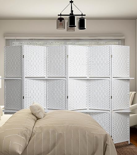 Miniatura 4 de Maxhonor Divisor de habitación de 6 paneles, 6 pies de alto y tejido extra ancho de fibra con 2 estantes, doble bisagra, pantallas de privacidad