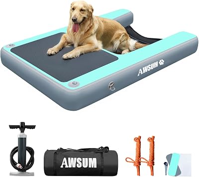AWSUM Inflatable Dog Water Boat Ramp XL Dock Floating Ladder for Dogs Up to 300lbs On Water Float Steps for Lakes Easy Access Dog Pool Ramp with Anti-Slip EVA