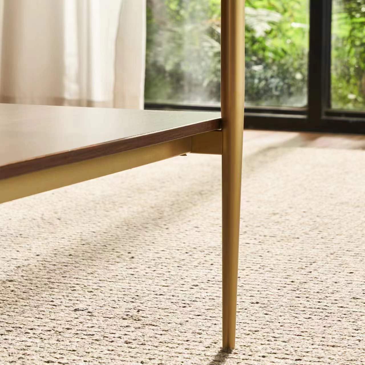 Shrine Rectangle Coffee Table, Mid-Century Modern Design, Two-Tier Walnut MDF Table, 39.4" D x 21.6" W x 17.3" H, Sleek Conical Metal Legs with Gold Finish