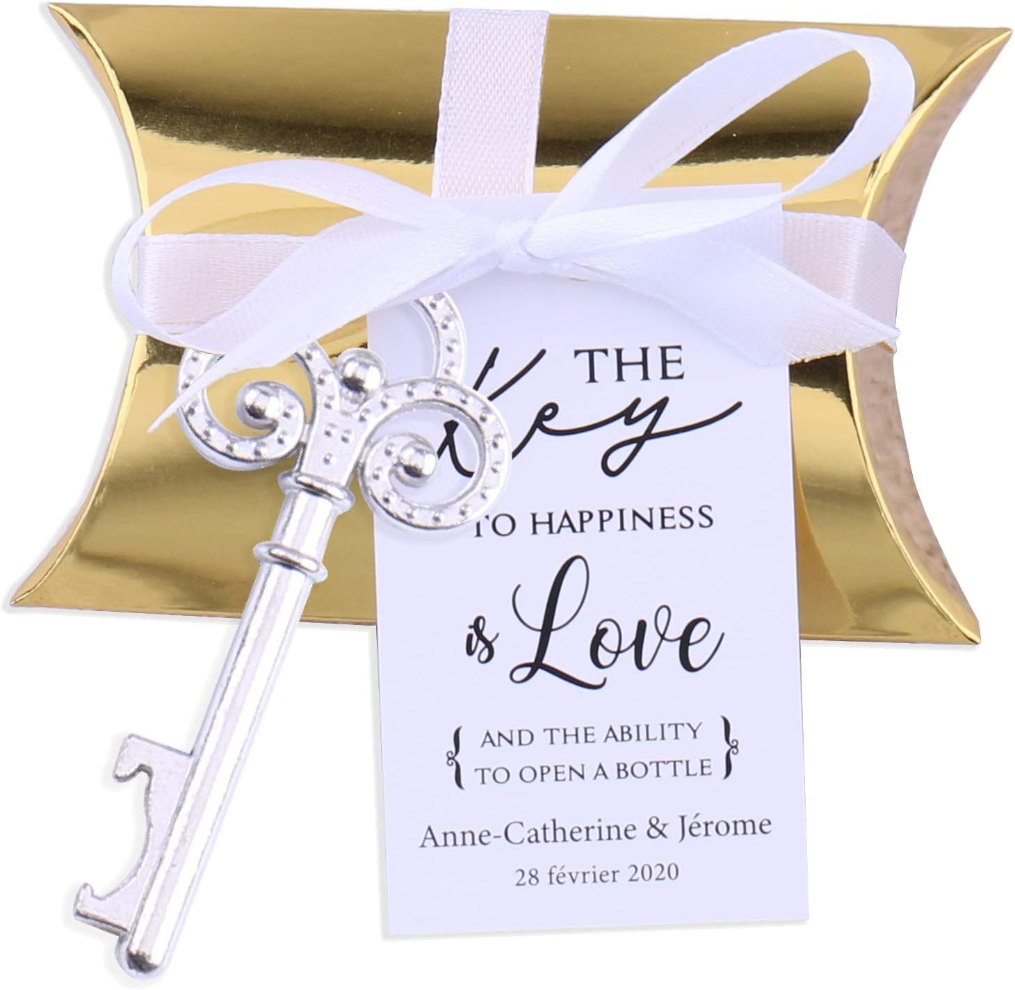 50x Wedding Favors Sets Silver Skeleton Keys Bottle Openers with Gold Candy Boxes Thank You Cards Groosmen Gifts (Customized Tags, Style #1)