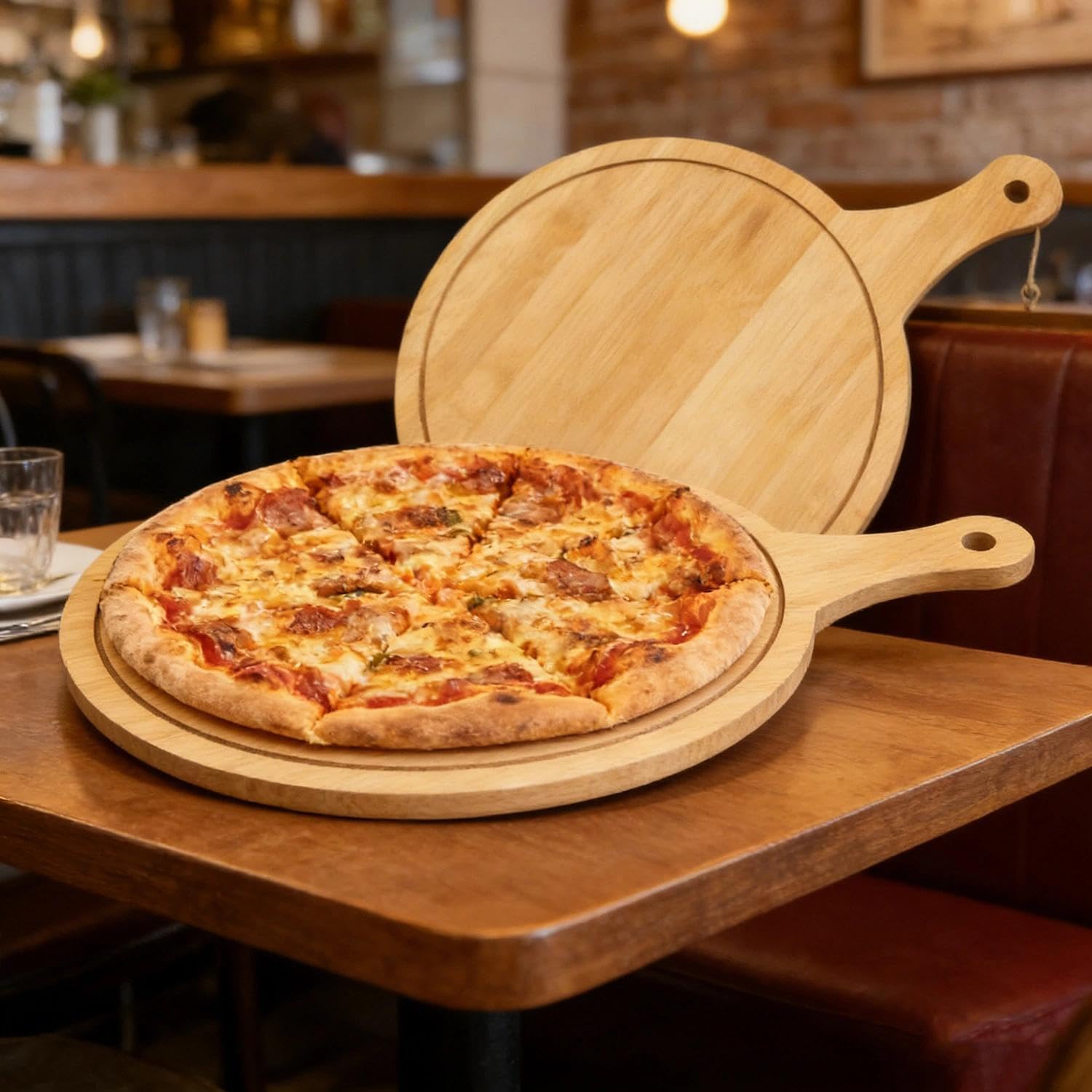 2 piatti per pizza, in legno, con scanalature, 30 cm, rotondi, per tritare e servire salumi, formaggio, pane, pizza, bistecca