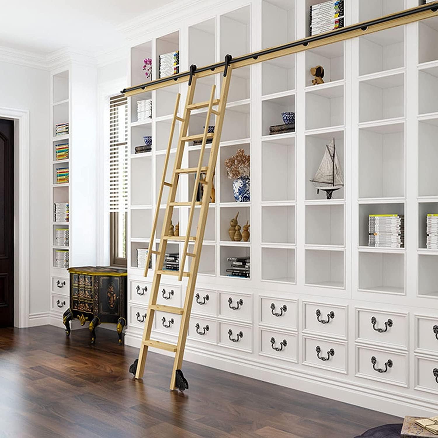 Rolling Library Ladder Hardware Kit - Sliding Barn Door Hardware Track Accessories - with Floor Rollers - Load Bearing 200kg - Easy to Install - Stainless Steel/Black