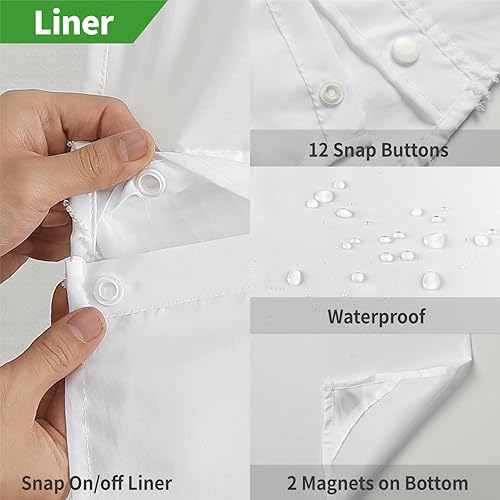 Miniatura 6 de Juego de cortina de ducha y forro sin gancho, cortina de ducha texturizada a rayas sin gancho, repuesto de forro a presión y tela impermeable,