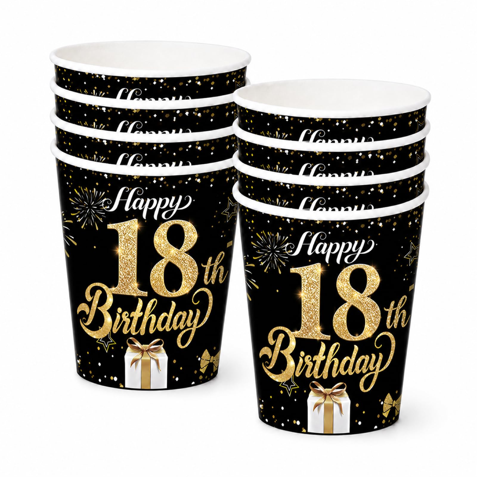 YESAH 18th Black Gold 9 oz Birthday Paper Cups 16 Pack Party Drinkware Set