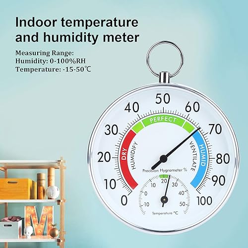 Miniatura 5 de Termómetro higrómetro con colgante para interiores, hogar, almacén, oficina, invernadero, pared grande, caja de acero inoxidable para patio