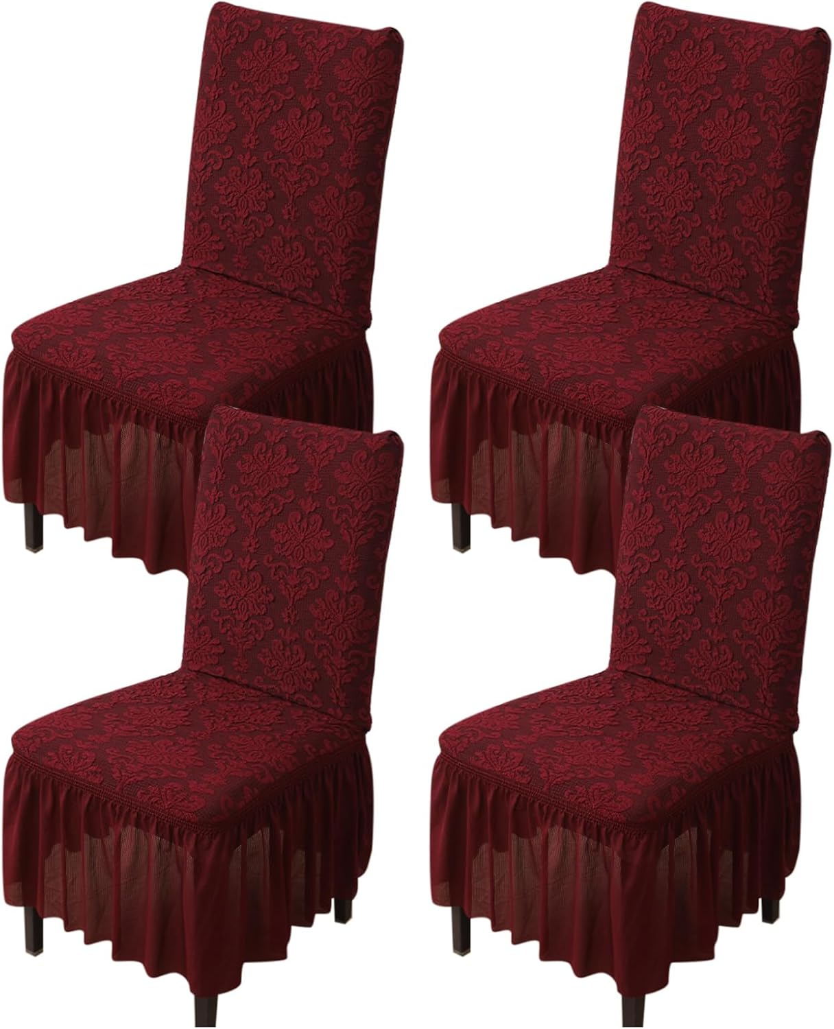Rakila Set of 6 Jacquard Stretch Chair Covers with Skirt Washable Removable Chair Protector for Dining Kitchen (White, 6 Pack)