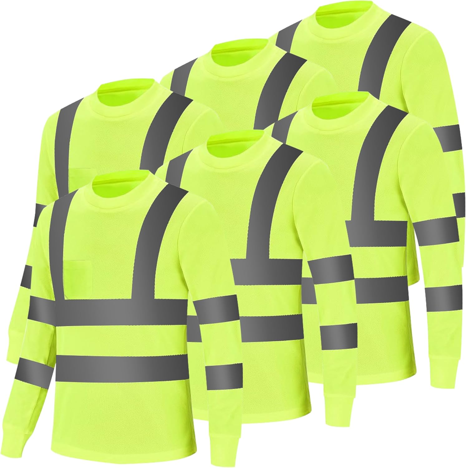 Hi Vis Safety Long Sleeve Shirts for Men, Reflective Construction Work Shirt Fast Dry with Pocket 6 Pack