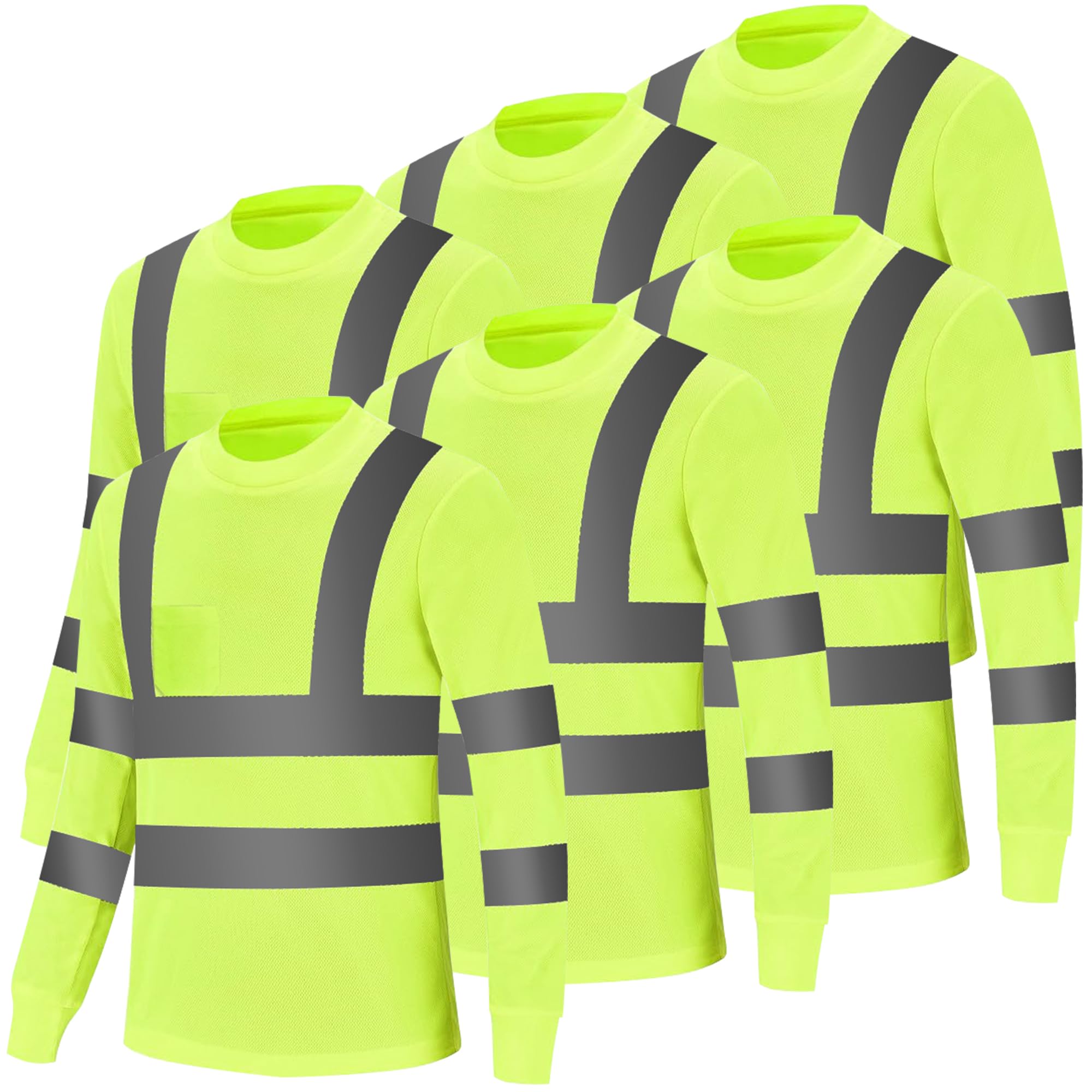 YZC·Motivation Hi Vis Safety Long Sleeve Shirts for Men, Reflective Construction Work Shirt Fast Dry with Pocket 6 Pack